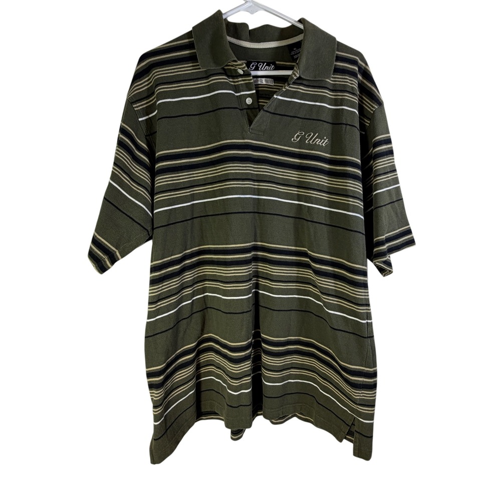 G-Unit Vintage 100% Cotton Striped Polo Shirt XL Olive Green Y2K Hip Hop